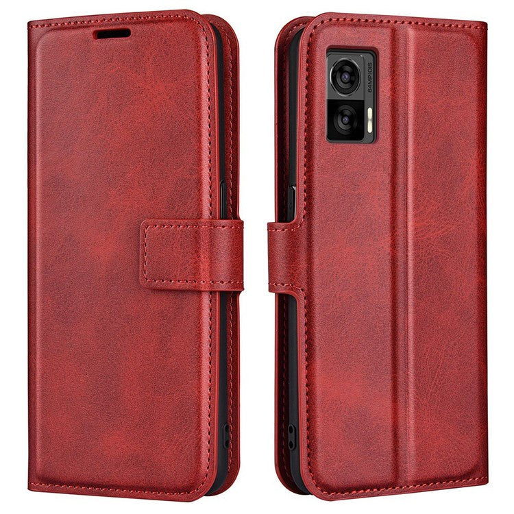 For Motorola Edge 30 Neo 5G / Edge 30 Lite Calf Textured PU Leather Flip Phone Case Square Magnetic Clasp Stand Wallet Shockproof Folio Cover - Red
