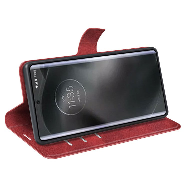 For Motorola Edge 30 Neo 5G / Edge 30 Lite Calf Textured PU Leather Flip Phone Case Square Magnetic Clasp Stand Wallet Shockproof Folio Cover - Red