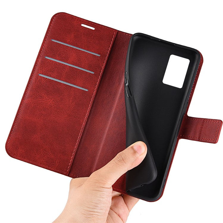 For Motorola Edge 30 Neo 5G / Edge 30 Lite Calf Textured PU Leather Flip Phone Case Square Magnetic Clasp Stand Wallet Shockproof Folio Cover - Red