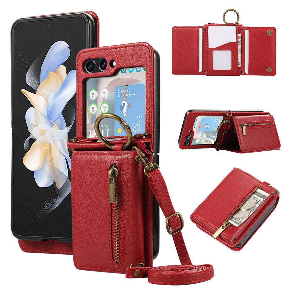 For Samsung Galaxy Z Flip7 FE 5G / Z Flip6 5G Leather Back Cover Zipper Wallet Kickstand Phone Case with Shoulder Strap - Red