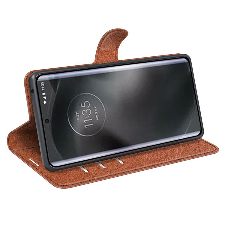 For Motorola Edge 30 Neo 5G / Edge 30 Lite Litchi Texture PU Leather Phone Case Folding Stand Magnetic Closure Wallet Flip Cover - Brown