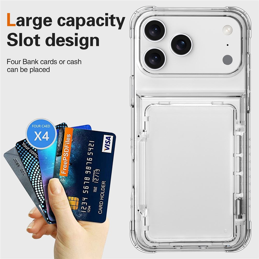 For iPhone 17 Pro Max Clear Case PC + TPU Phone Cover Card Holder Kickstand - Transparent