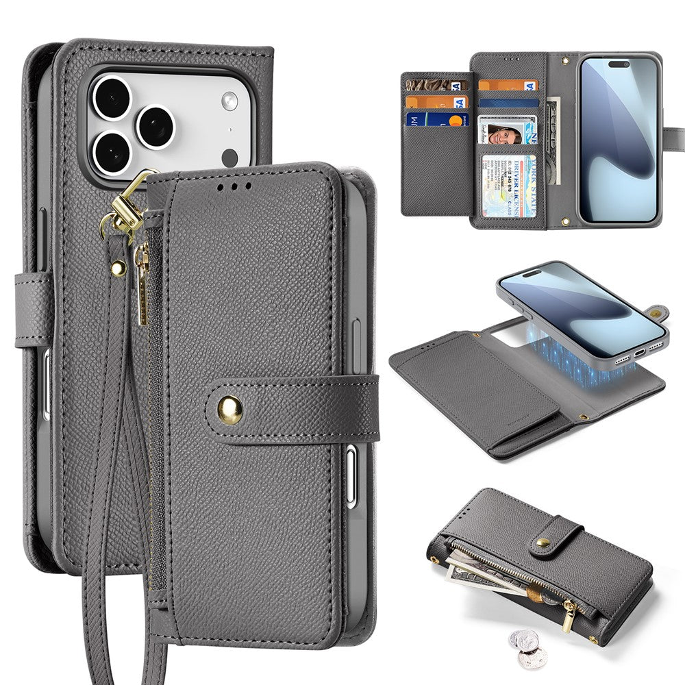 For iPhone 17 Pro Max Case DUX DUCIS Lawa Series Detachable Magnetic Cowhide Leather Cover Zipper Wallet - Grey