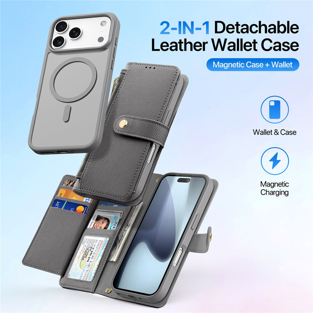 For iPhone 17 Pro Max Case DUX DUCIS Lawa Series Detachable Magnetic Cowhide Leather Cover Zipper Wallet - Grey