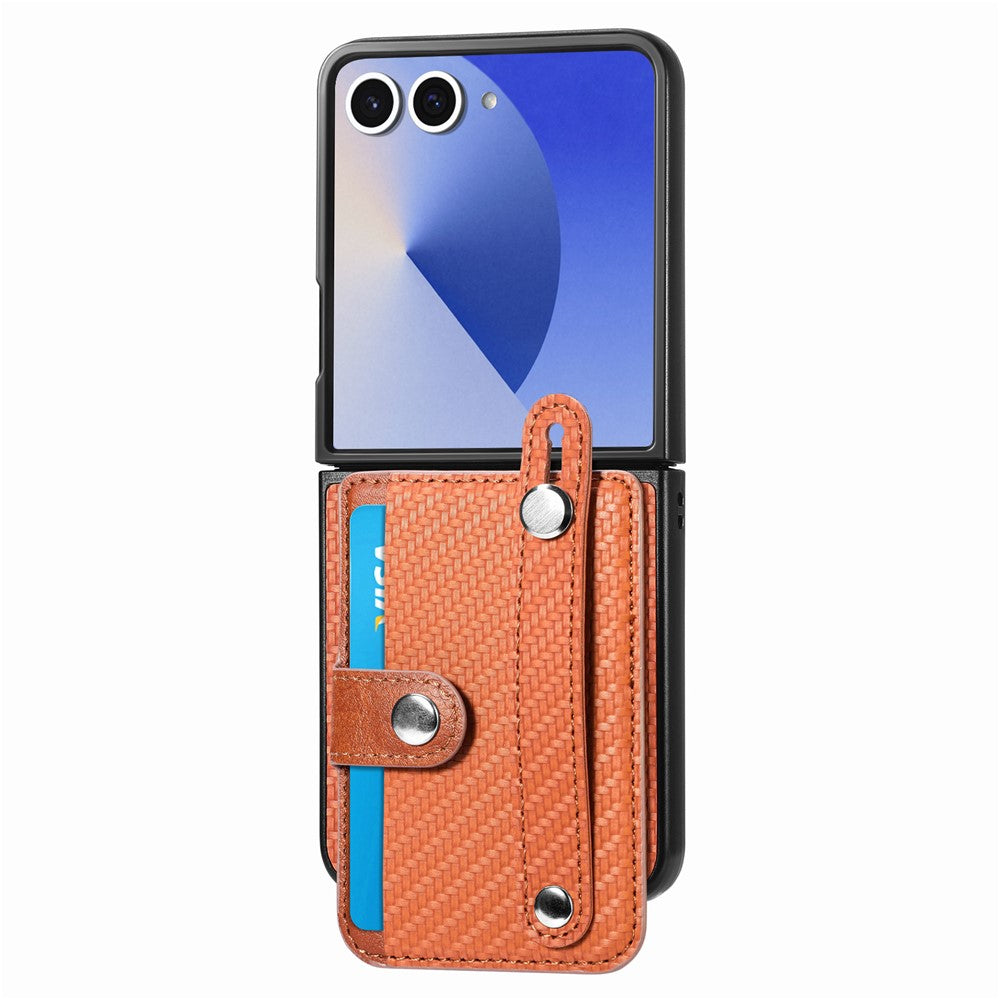 For Samsung Galaxy Z Flip7 5G Case Carbon Fiber Texture Leather Phone Back Cover with Card Holder - Brown