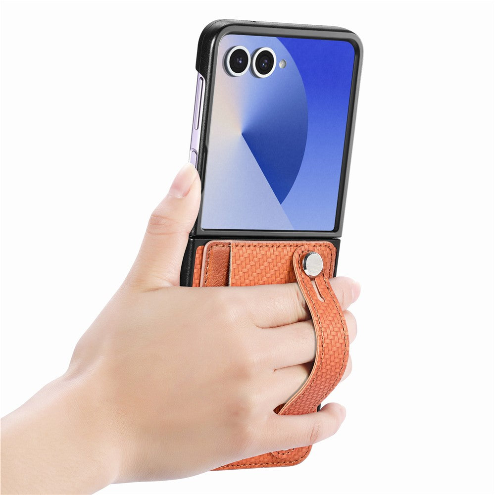 For Samsung Galaxy Z Flip7 5G Case Carbon Fiber Texture Leather Phone Back Cover with Card Holder - Brown