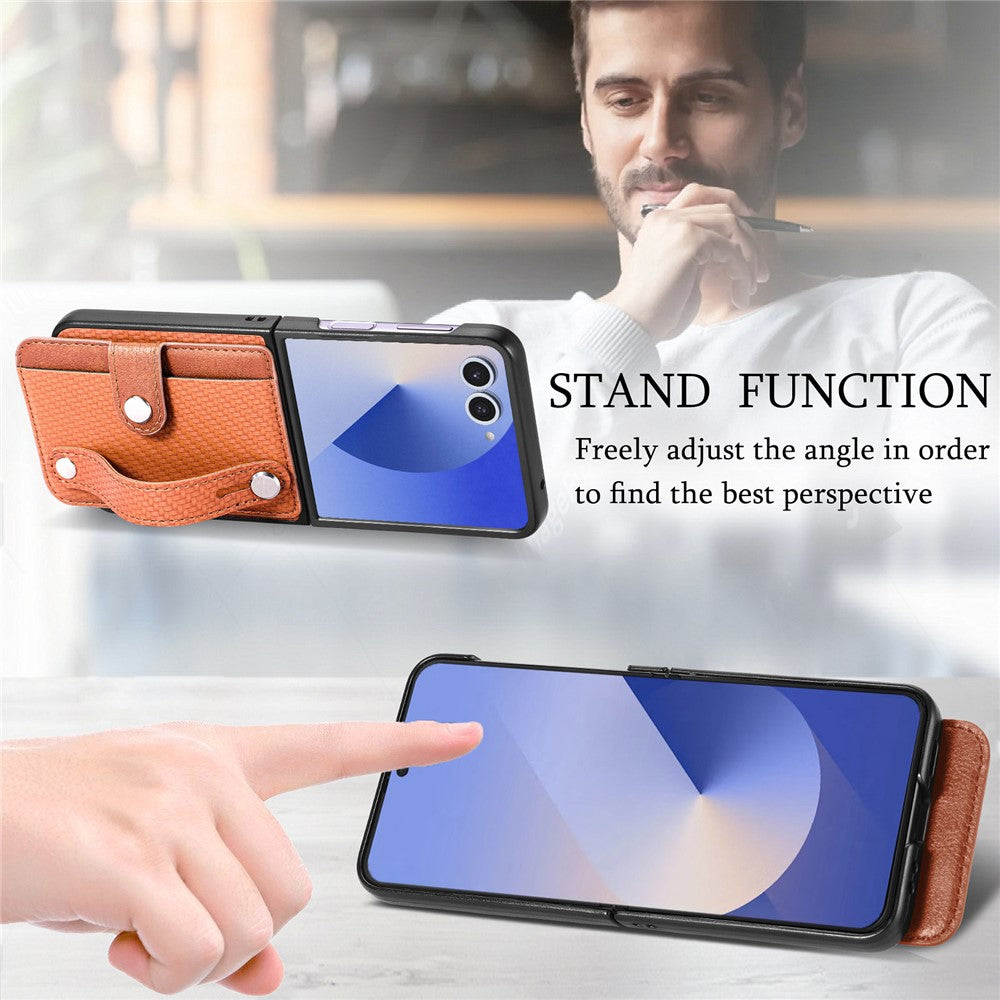 For Samsung Galaxy Z Flip7 5G Case Carbon Fiber Texture Leather Phone Back Cover with Card Holder - Brown