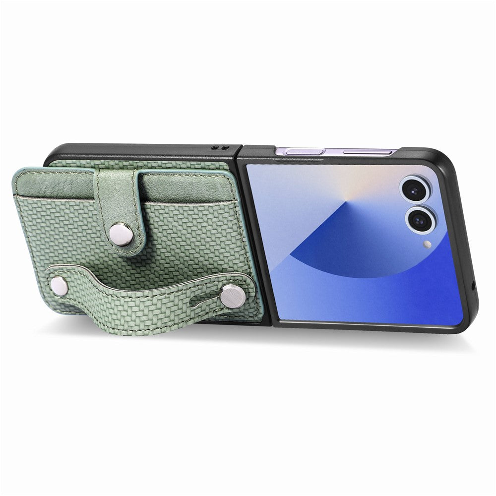 For Samsung Galaxy Z Flip7 5G Case Carbon Fiber Texture Leather Phone Back Cover with Card Holder - Green