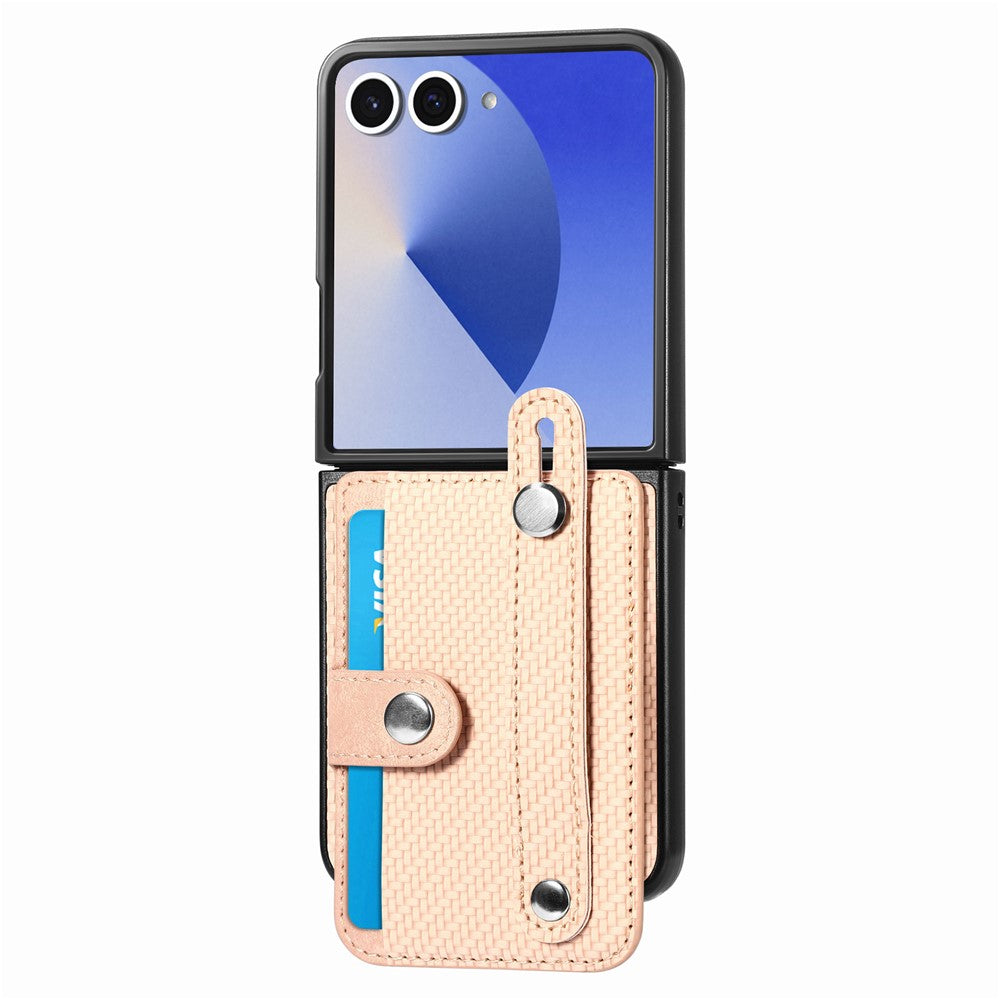 For Samsung Galaxy Z Flip7 5G Case Carbon Fiber Texture Leather Phone Back Cover with Card Holder - Khaki