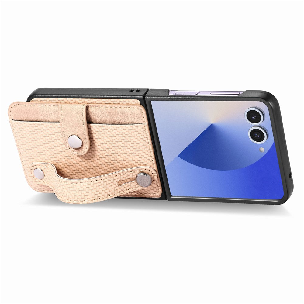 For Samsung Galaxy Z Flip7 5G Case Carbon Fiber Texture Leather Phone Back Cover with Card Holder - Khaki