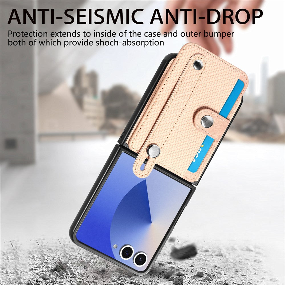 For Samsung Galaxy Z Flip7 5G Case Carbon Fiber Texture Leather Phone Back Cover with Card Holder - Khaki