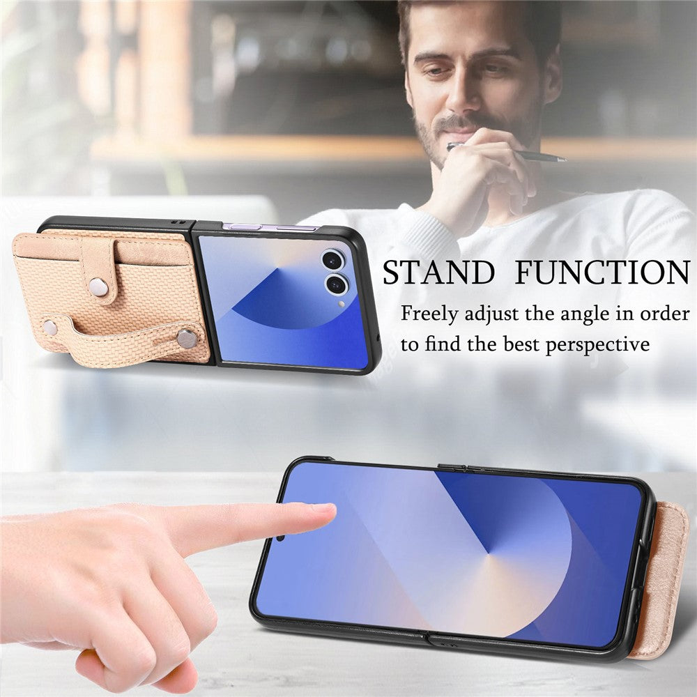 For Samsung Galaxy Z Flip7 5G Case Carbon Fiber Texture Leather Phone Back Cover with Card Holder - Khaki