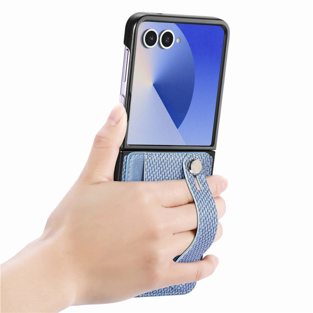 For Samsung Galaxy Z Flip7 5G Case Carbon Fiber Texture Leather Phone Back Cover with Card Holder - Blue
