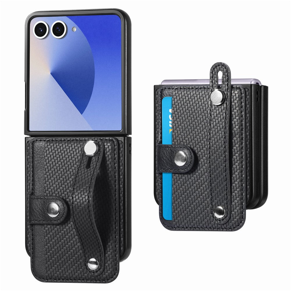 For Samsung Galaxy Z Flip7 5G Case Carbon Fiber Texture Leather Phone Back Cover with Card Holder - Black