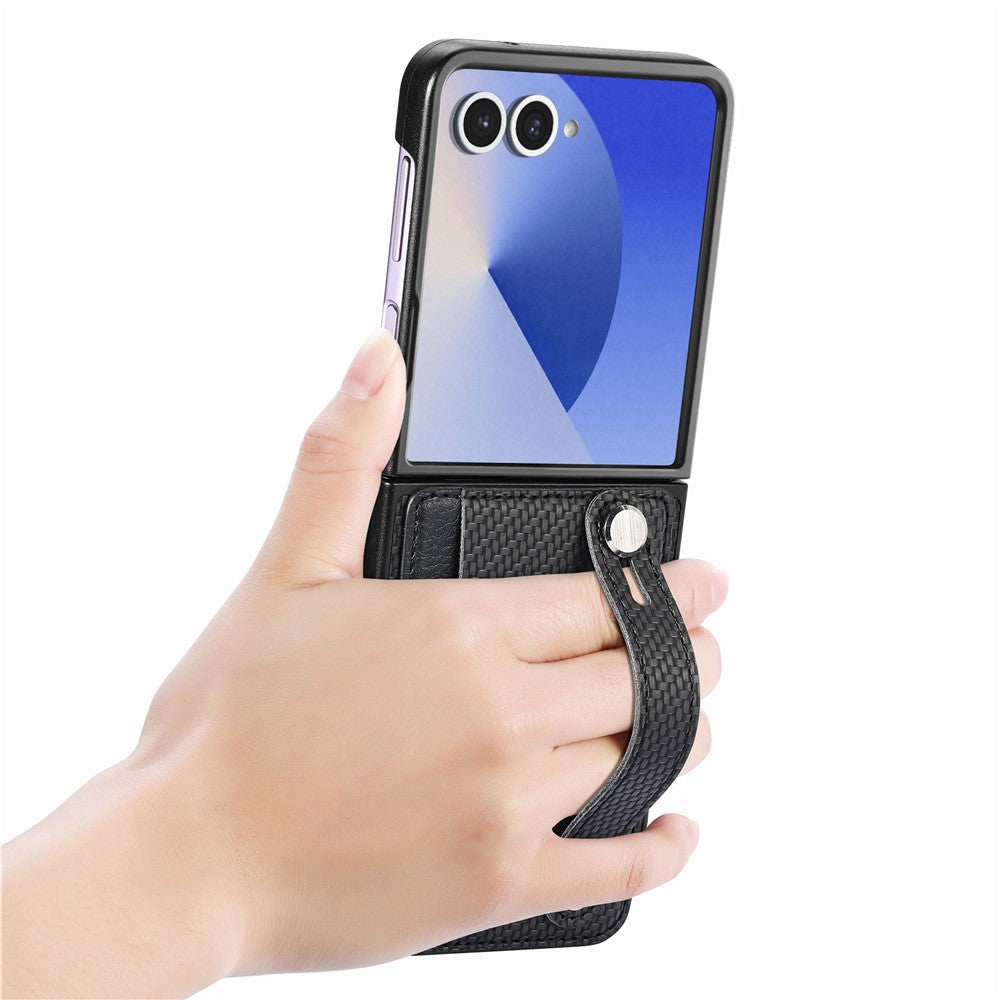 For Samsung Galaxy Z Flip7 5G Case Carbon Fiber Texture Leather Phone Back Cover with Card Holder - Black