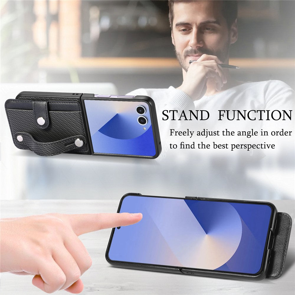 For Samsung Galaxy Z Flip7 5G Case Carbon Fiber Texture Leather Phone Back Cover with Card Holder - Black