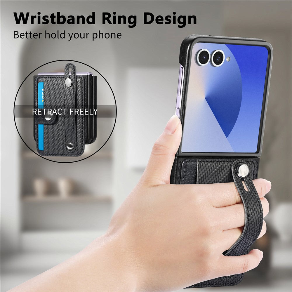 For Samsung Galaxy Z Flip7 5G Case Carbon Fiber Texture Leather Phone Back Cover with Card Holder - Black