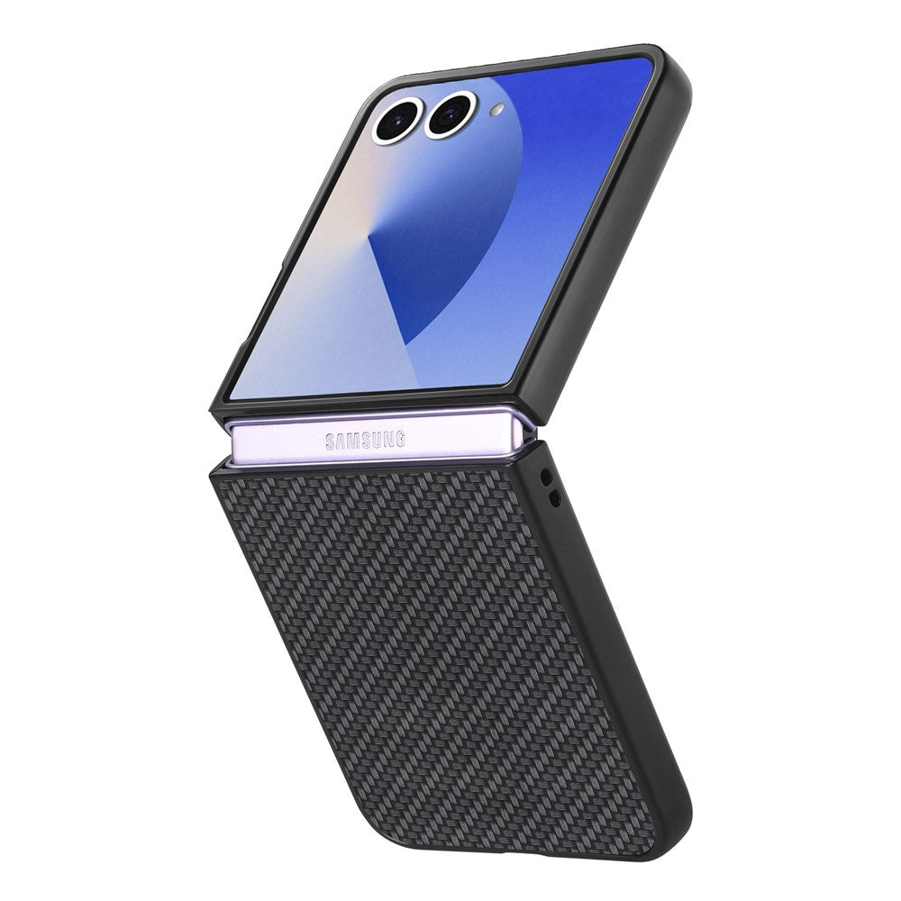 For Samsung Galaxy Z Flip7 5G Case Carbon Fiber Texture PU+PC+TPU Phone Back Cover - Black