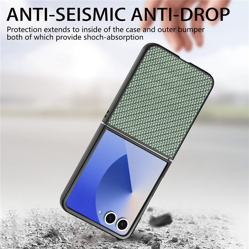 For Samsung Galaxy Z Flip7 5G Case Carbon Fiber Texture PU+PC+TPU Phone Back Cover - Green