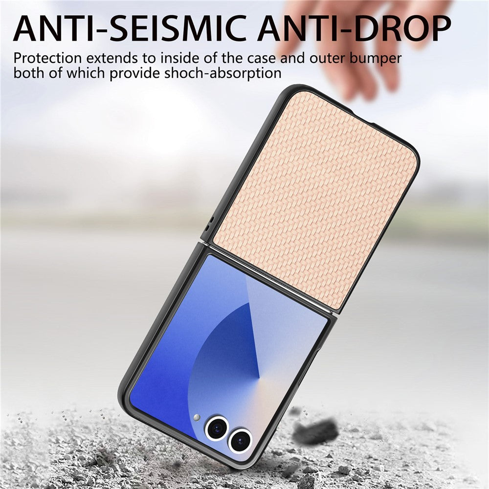 For Samsung Galaxy Z Flip7 5G Case Carbon Fiber Texture PU+PC+TPU Phone Back Cover - Apricot