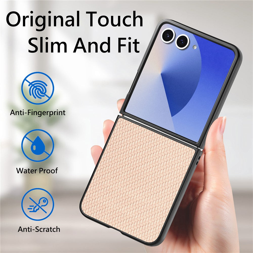 For Samsung Galaxy Z Flip7 5G Case Carbon Fiber Texture PU+PC+TPU Phone Back Cover - Apricot