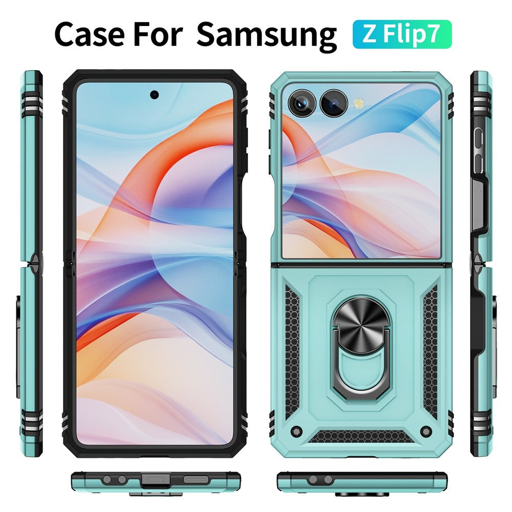 For Samsung Galaxy Z Flip7 5G Case TPU + PC Phone Cover with Ring Kickstand Drop Protection - Grey Green