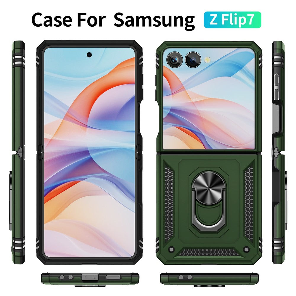 For Samsung Galaxy Z Flip7 5G Case TPU + PC Phone Cover with Ring Kickstand Drop Protection - Army Green