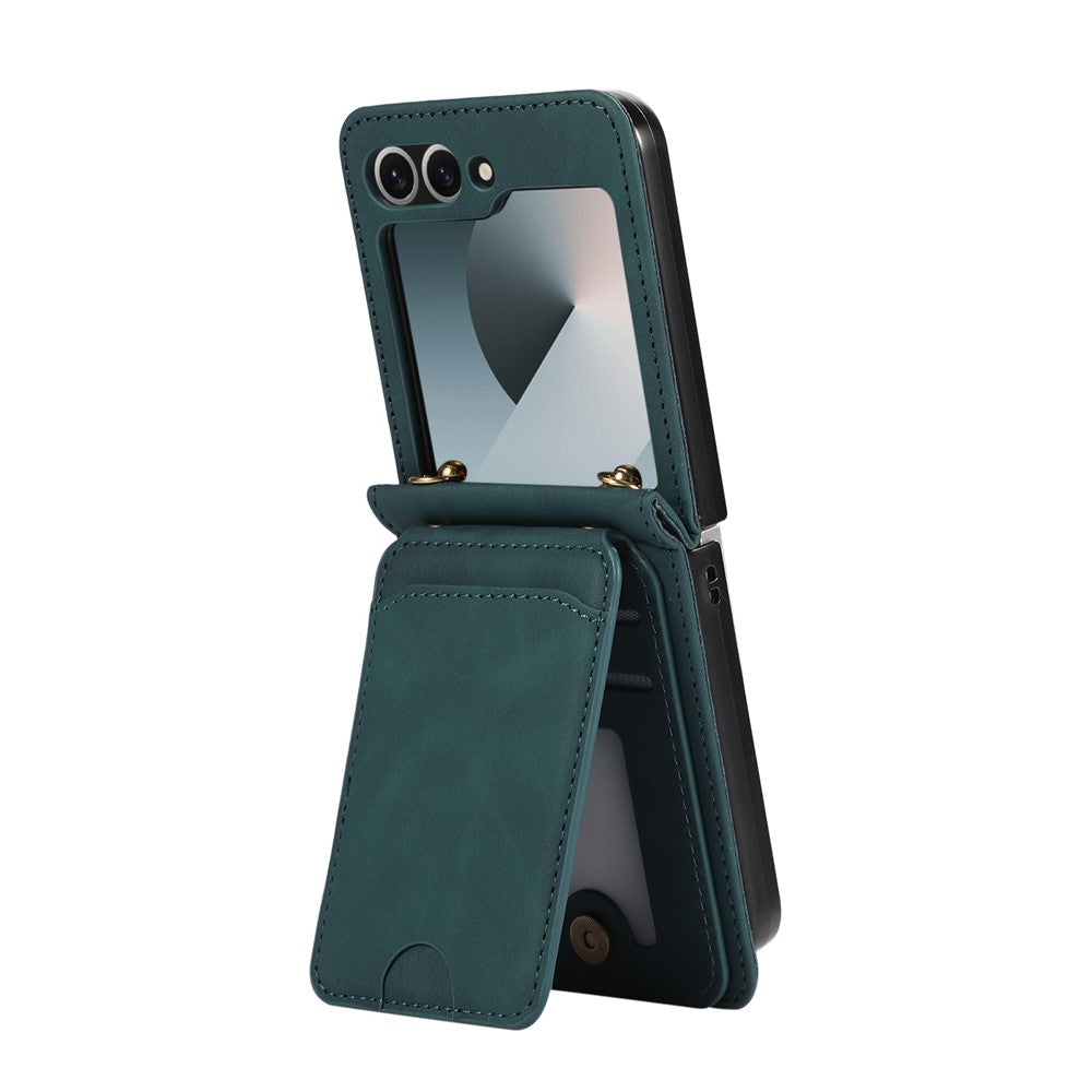 For Samsung Galaxy Z Flip7 FE 5G / Z Flip6 5G Case Card Holder Kickstand Leather + TPU Phone Cover with Shoulder Strap - Green