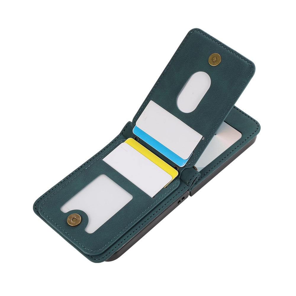 For Samsung Galaxy Z Flip7 FE 5G / Z Flip6 5G Case Card Holder Kickstand Leather + TPU Phone Cover with Shoulder Strap - Green
