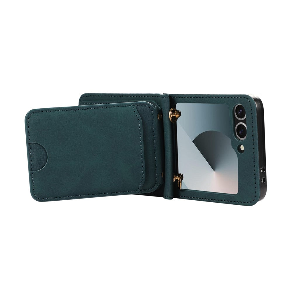 For Samsung Galaxy Z Flip7 FE 5G / Z Flip6 5G Case Card Holder Kickstand Leather + TPU Phone Cover with Shoulder Strap - Green