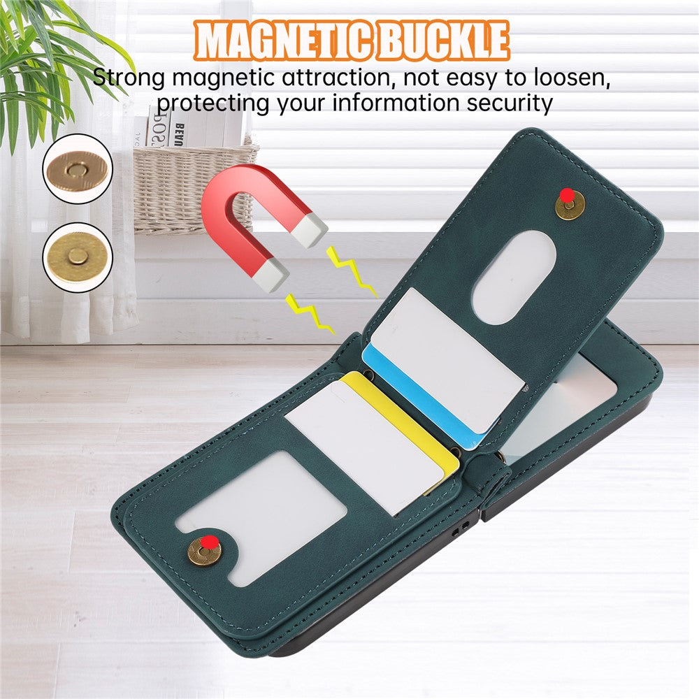 For Samsung Galaxy Z Flip7 FE 5G / Z Flip6 5G Case Card Holder Kickstand Leather + TPU Phone Cover with Shoulder Strap - Green