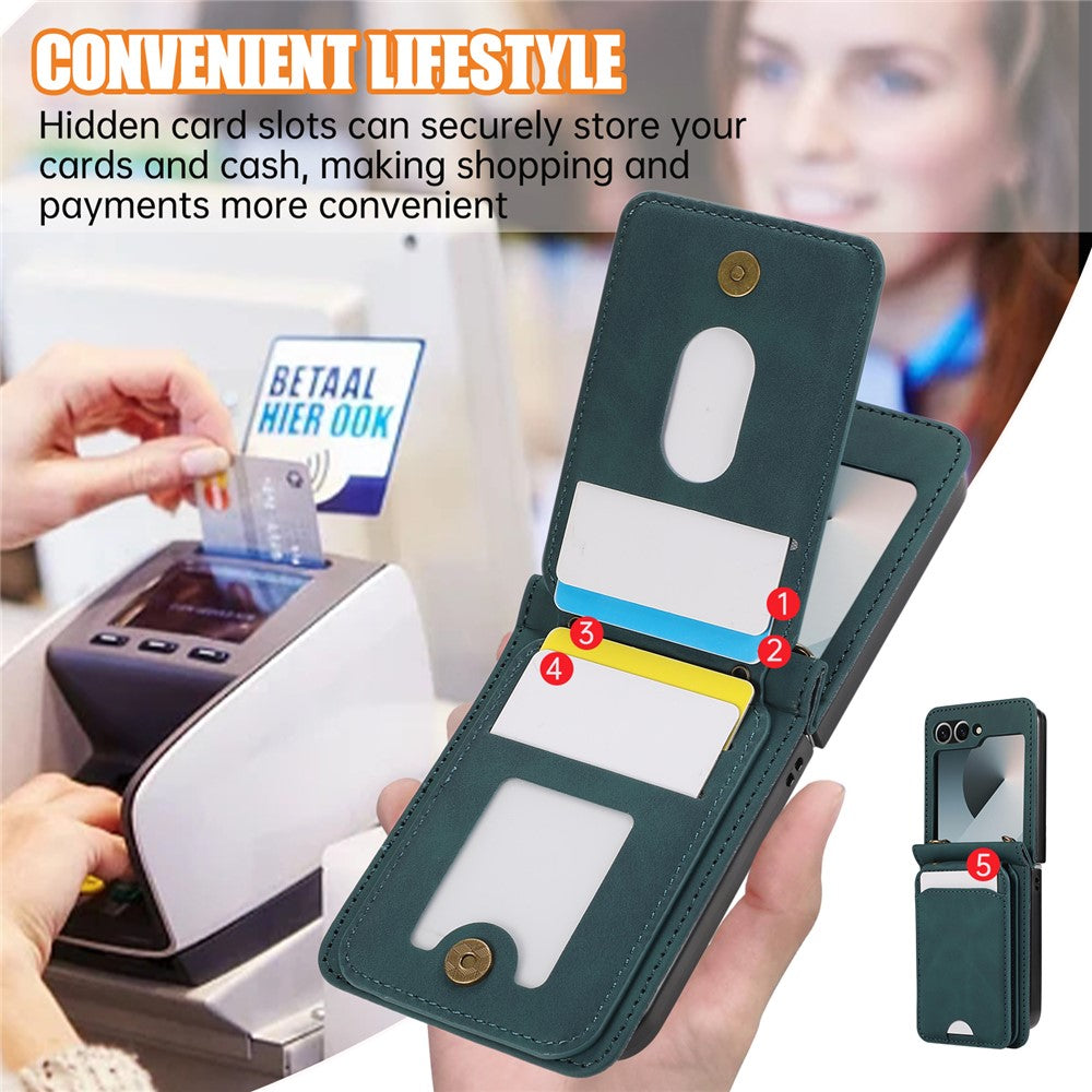 For Samsung Galaxy Z Flip7 FE 5G / Z Flip6 5G Case Card Holder Kickstand Leather + TPU Phone Cover with Shoulder Strap - Green