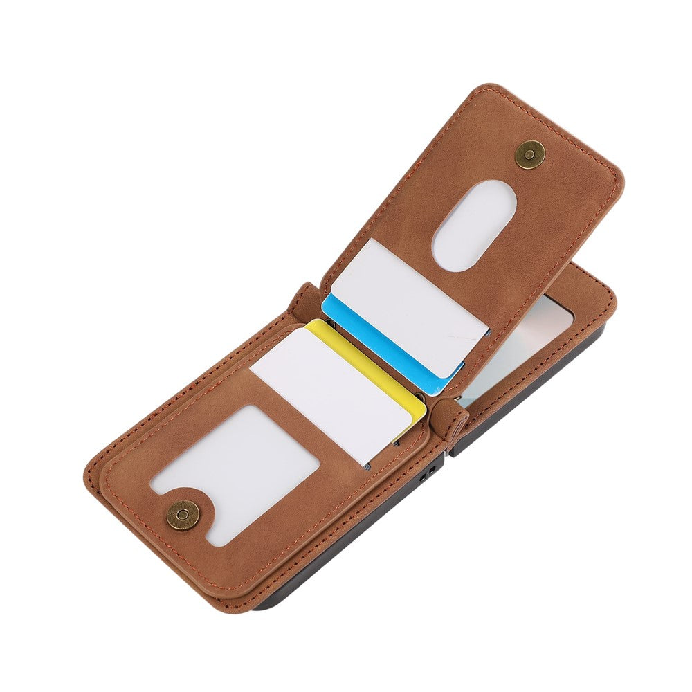 For Samsung Galaxy Z Flip7 FE 5G / Z Flip6 5G Case Card Holder Kickstand Leather + TPU Phone Cover with Shoulder Strap - Brown