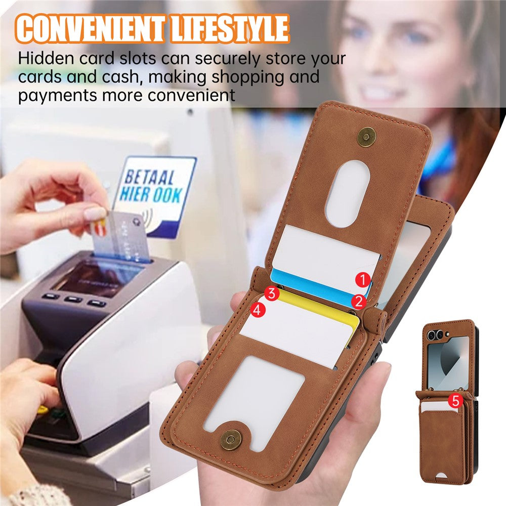 For Samsung Galaxy Z Flip7 FE 5G / Z Flip6 5G Case Card Holder Kickstand Leather + TPU Phone Cover with Shoulder Strap - Brown