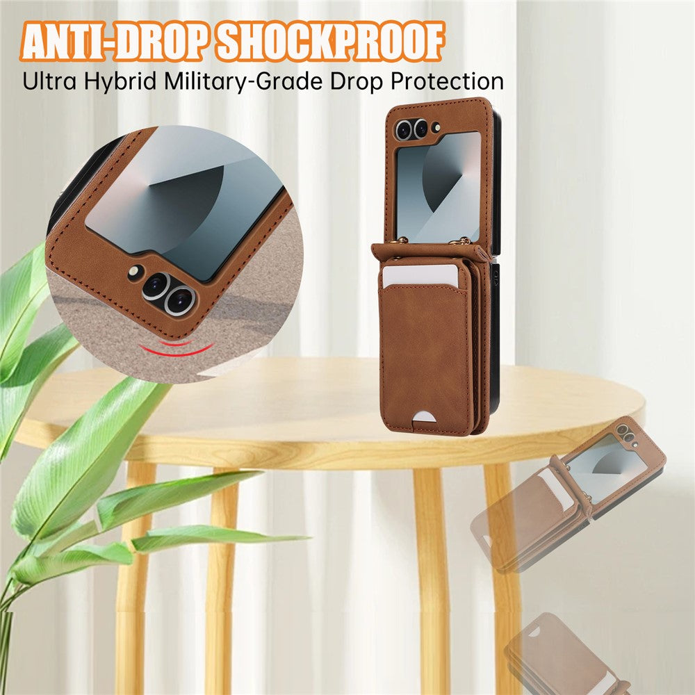 For Samsung Galaxy Z Flip7 FE 5G / Z Flip6 5G Case Card Holder Kickstand Leather + TPU Phone Cover with Shoulder Strap - Brown