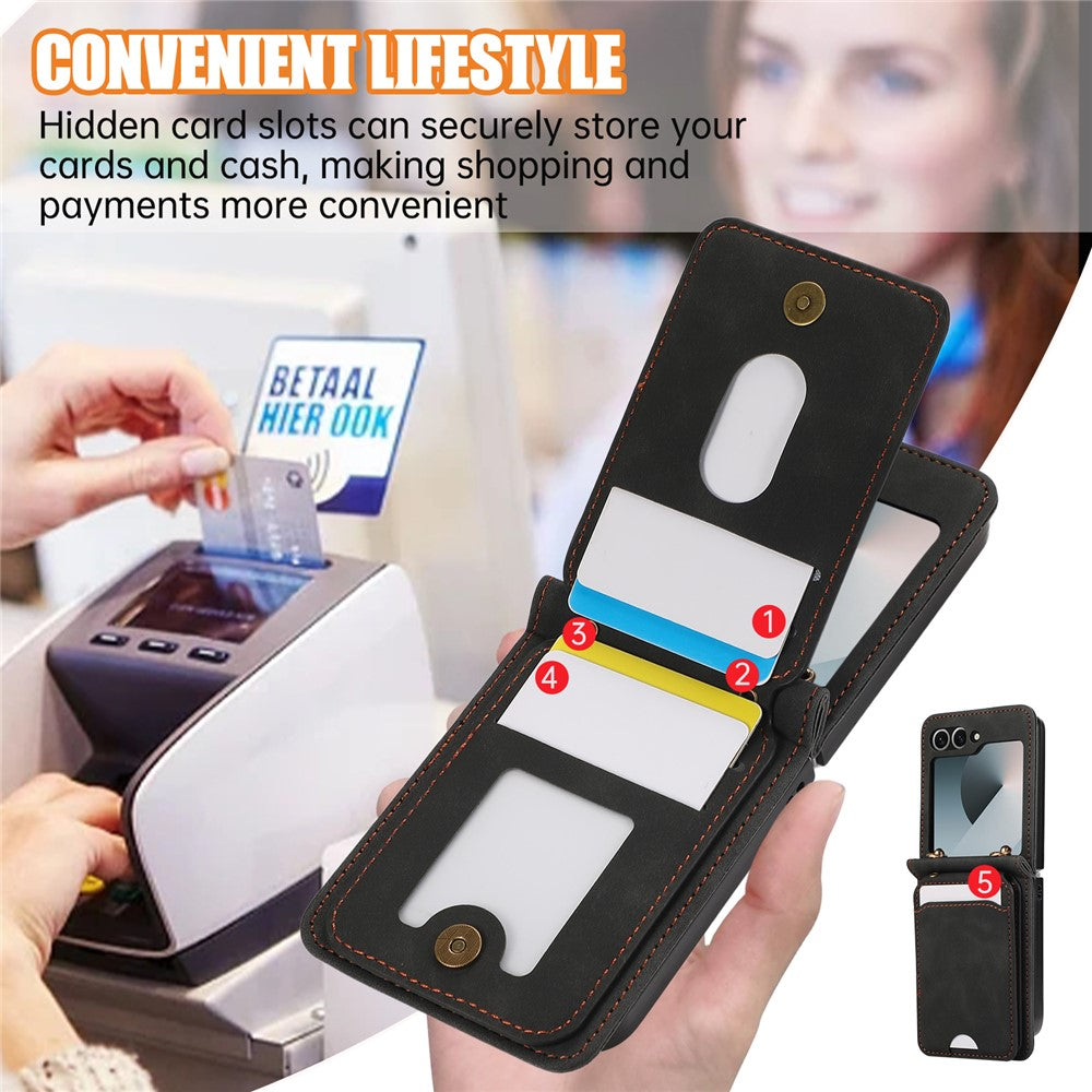 For Samsung Galaxy Z Flip7 FE 5G / Z Flip6 5G Case Card Holder Kickstand Leather + TPU Phone Cover with Shoulder Strap - Black