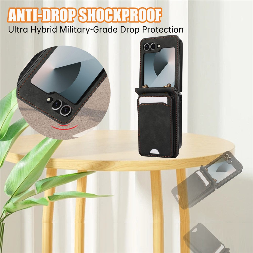 For Samsung Galaxy Z Flip7 FE 5G / Z Flip6 5G Case Card Holder Kickstand Leather + TPU Phone Cover with Shoulder Strap - Black