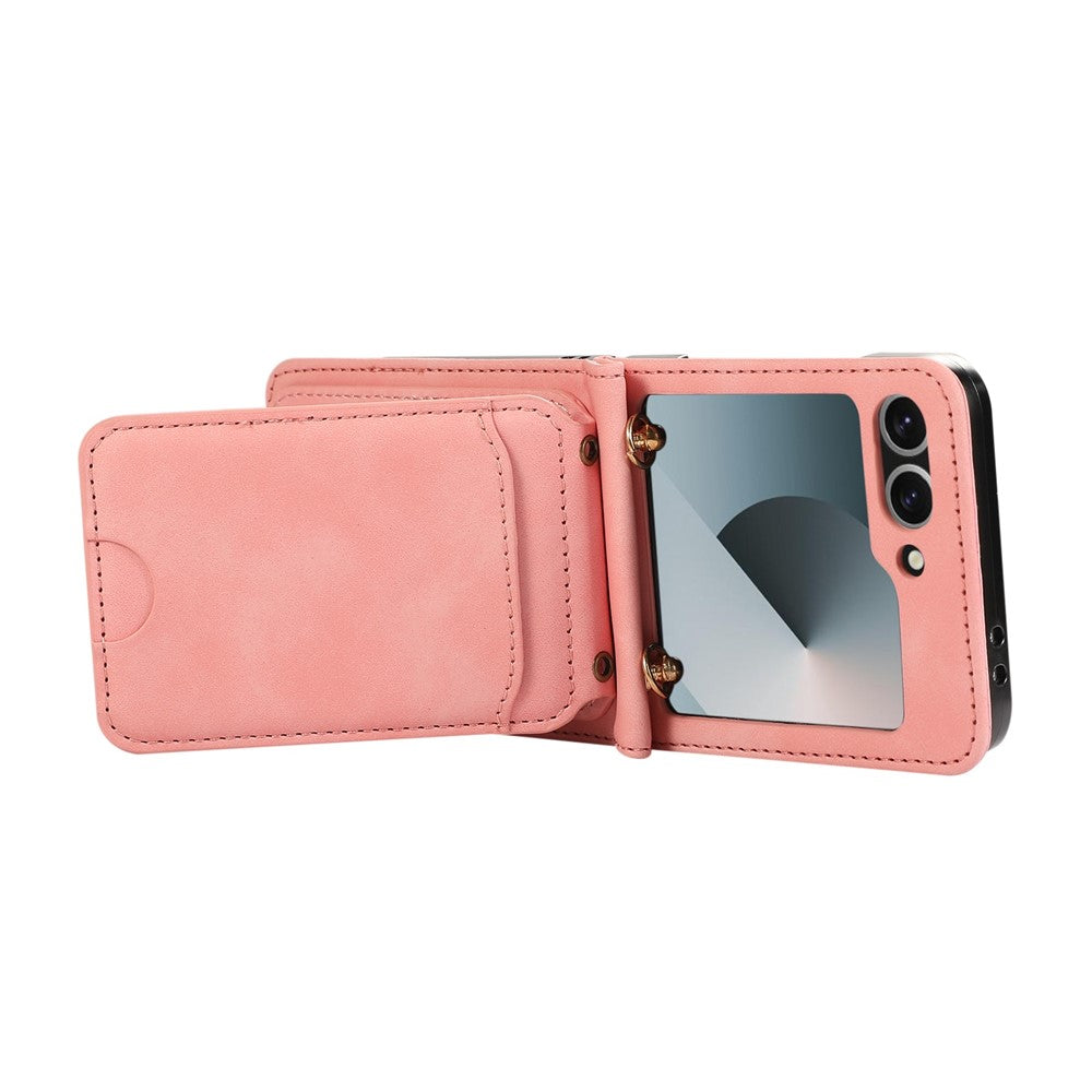 For Samsung Galaxy Z Flip7 FE 5G / Z Flip6 5G Case Card Holder Kickstand Leather + TPU Phone Cover with Shoulder Strap - Pink