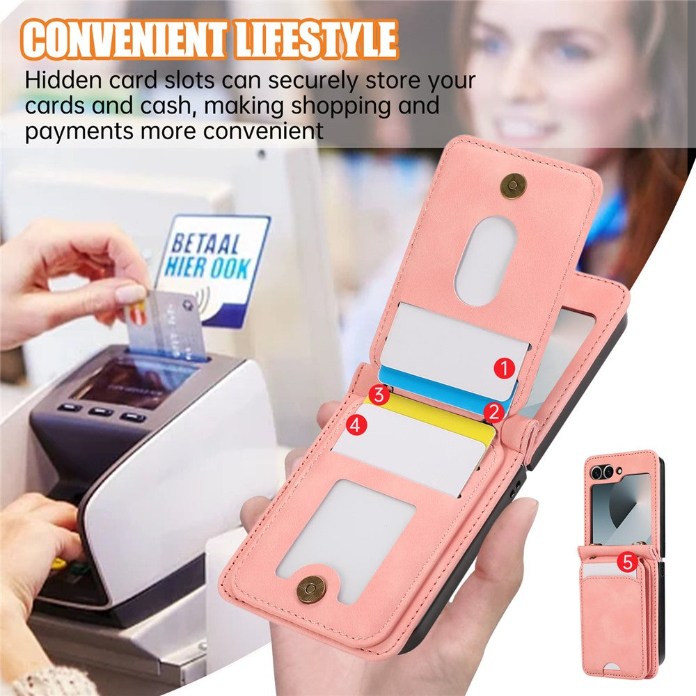 For Samsung Galaxy Z Flip7 FE 5G / Z Flip6 5G Case Card Holder Kickstand Leather + TPU Phone Cover with Shoulder Strap - Pink