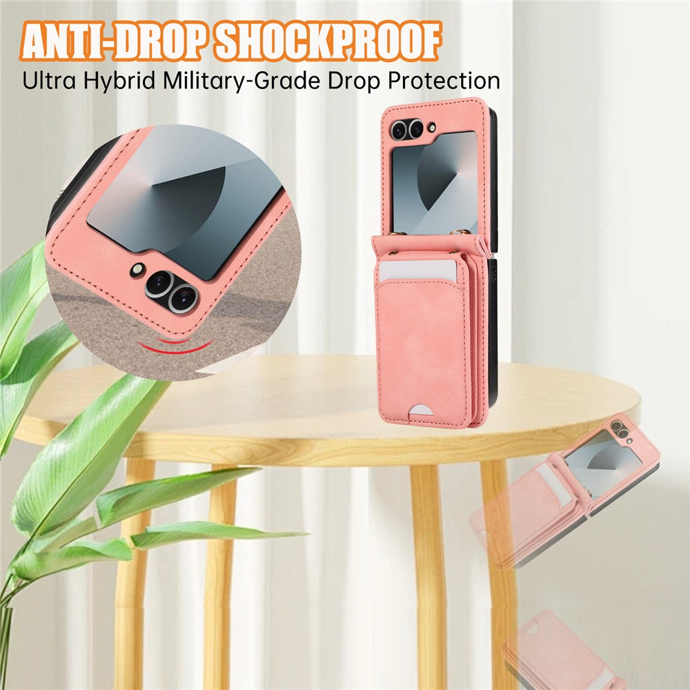 For Samsung Galaxy Z Flip7 FE 5G / Z Flip6 5G Case Card Holder Kickstand Leather + TPU Phone Cover with Shoulder Strap - Pink