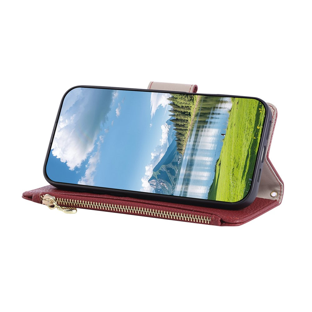 For iPhone 17 Pro Max Case Zipper Wallet Leather Phone Cover with Wrist Strap - Wine Red