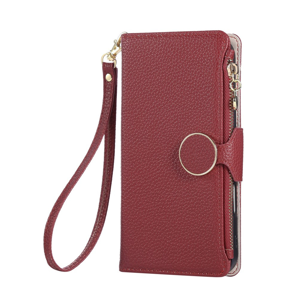 For iPhone 17 Pro Max Case Zipper Wallet Leather Phone Cover with Wrist Strap - Wine Red