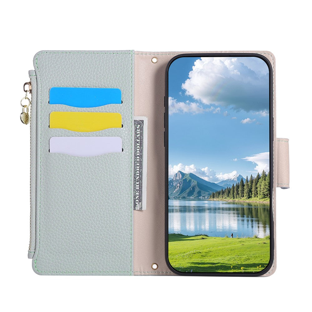 For iPhone 17 Pro Max Case Zipper Wallet Leather Phone Cover with Wrist Strap - Cyan