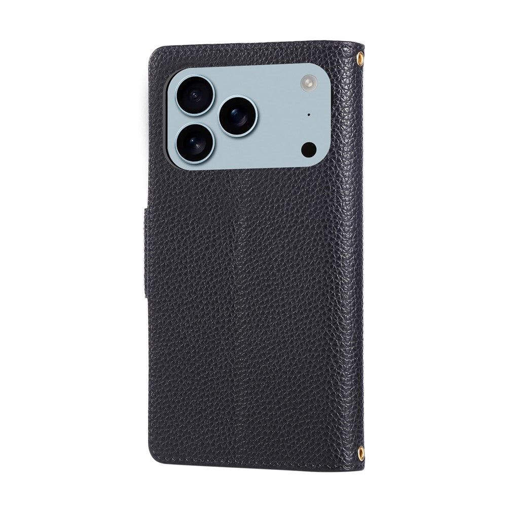 For iPhone 17 Pro Max Case Zipper Wallet Leather Phone Cover with Wrist Strap - Black