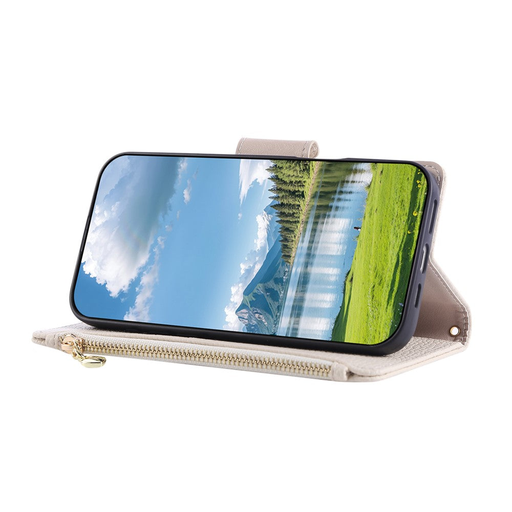 For iPhone 17 Pro Max Case Zipper Wallet Leather Phone Cover with Wrist Strap - Beige