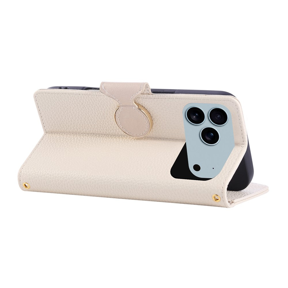 For iPhone 17 Pro Max Case Zipper Wallet Leather Phone Cover with Wrist Strap - Beige