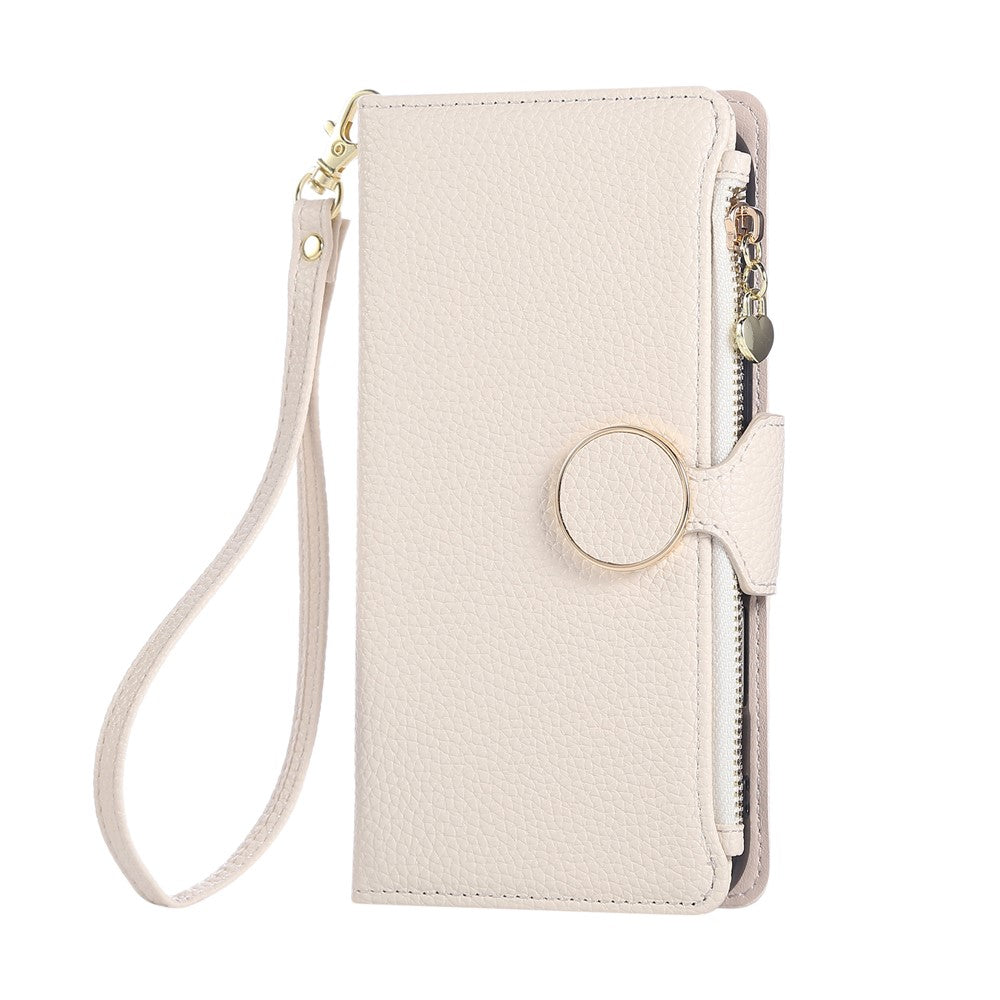For iPhone 17 Pro Max Case Zipper Wallet Leather Phone Cover with Wrist Strap - Beige