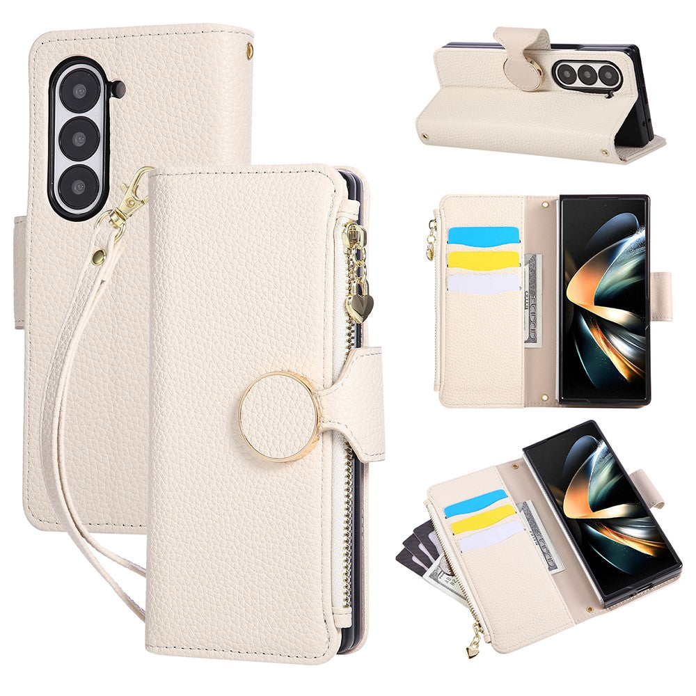 For Samsung Galaxy Z Fold7 5G Case Zipper Wallet Leather Phone Cover with Wrist Strap - Beige
