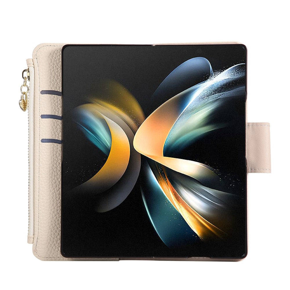 For Samsung Galaxy Z Fold7 5G Case Zipper Wallet Leather Phone Cover with Wrist Strap - Beige