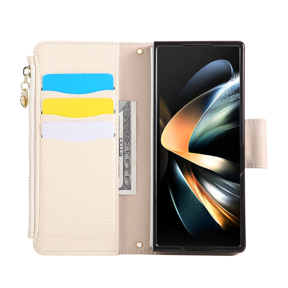 For Samsung Galaxy Z Fold7 5G Case Zipper Wallet Leather Phone Cover with Wrist Strap - Beige